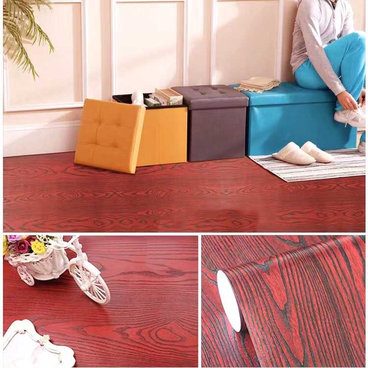 สติกเกอร์ติดพื้นห้อง ลายไม้แดงส้ม กันลื่น กันน้ำ มีกาวในตัว ขนาด60x300cm