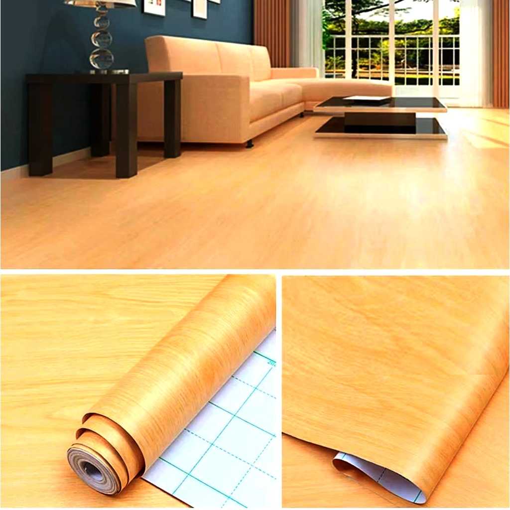 สติกเกอร์ติดพื้นห้อง ลายไม้เหลืองทอง กันลื่น กันน้ำ มีกาวในตัว ขนาด60x300cm