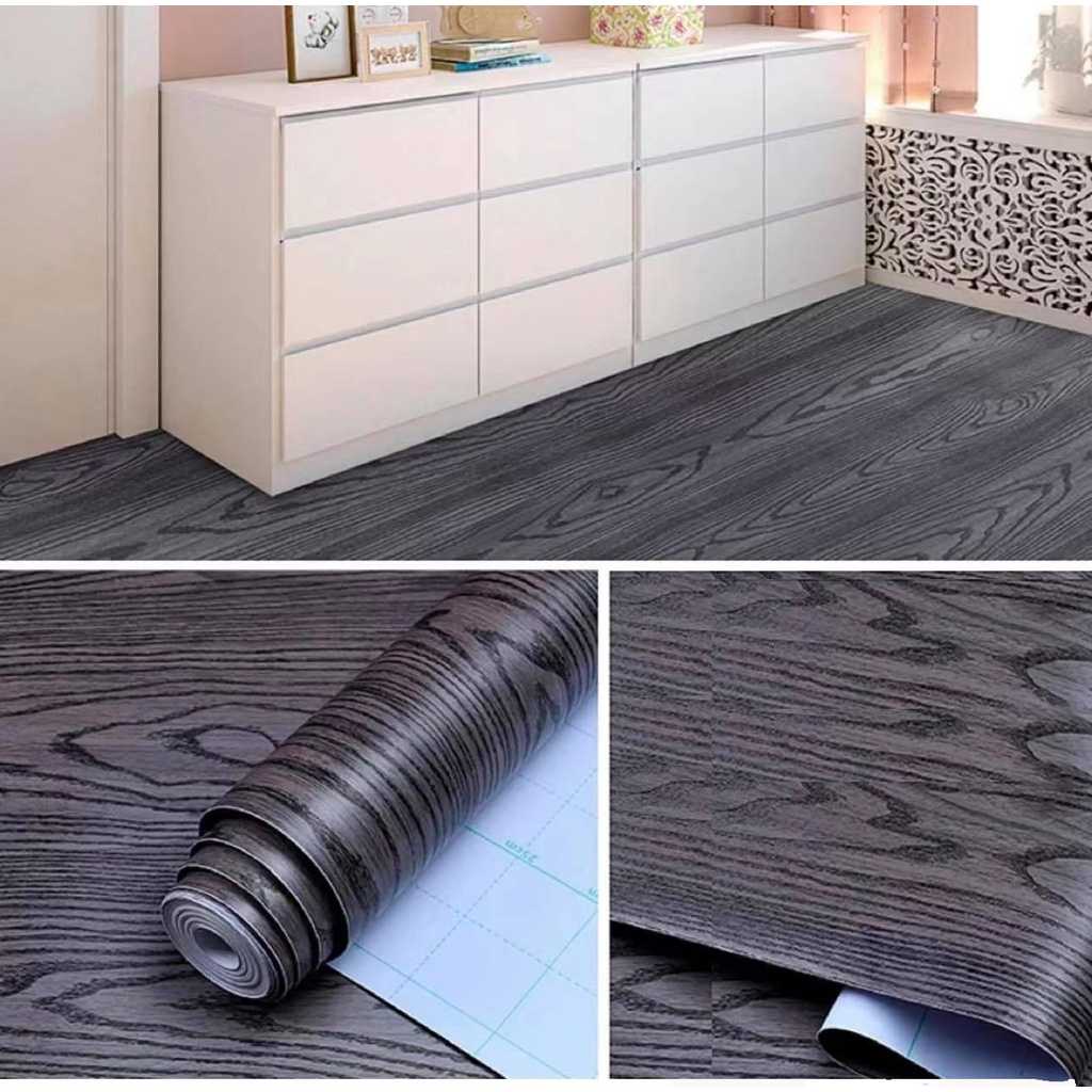 สติกเกอร์ติดพื้นห้อง ลายไม้ดำ กันลื่น กันน้ำ มีกาวในตัว ขนาด60x300cm