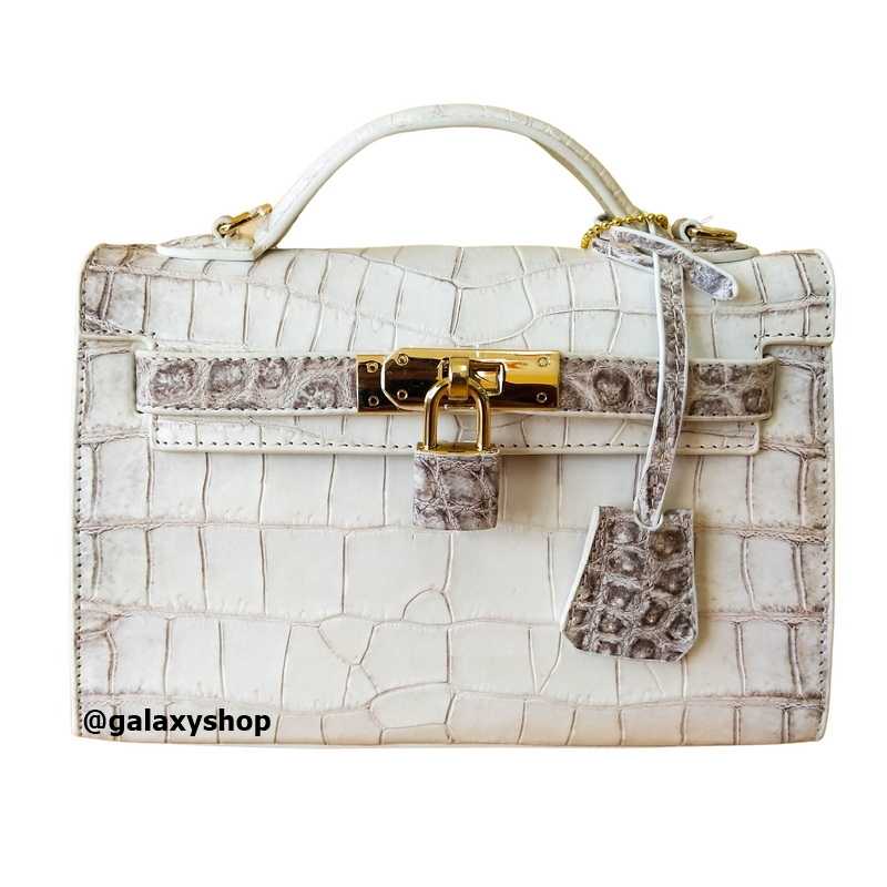 กระเป๋าสะพายหนังจระเข้ผู้หญิง สไตล์ Kelly Bag สีขาวหิมาลายัน ไซส์มินิ หนังจระเข้เรียบท้อง สวยหรูหรา