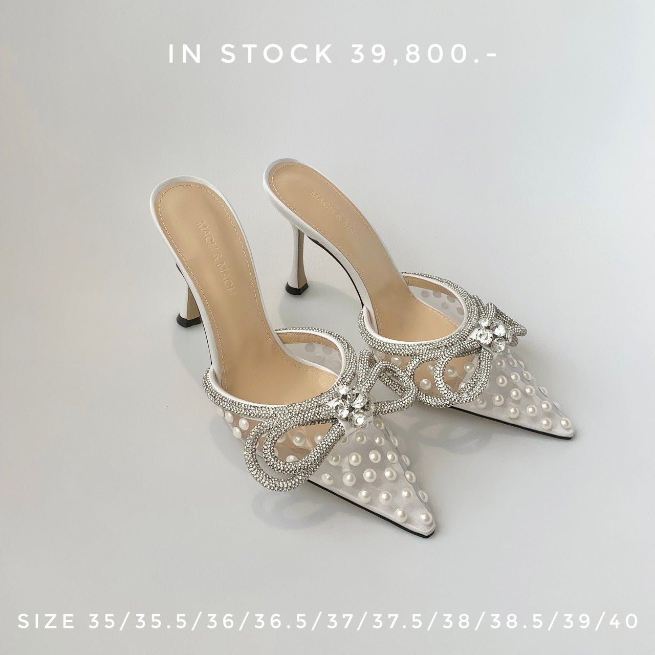MACH & MACH DOUBLE BOW SWAROVSKI PEARL PVC MULES - SILVER