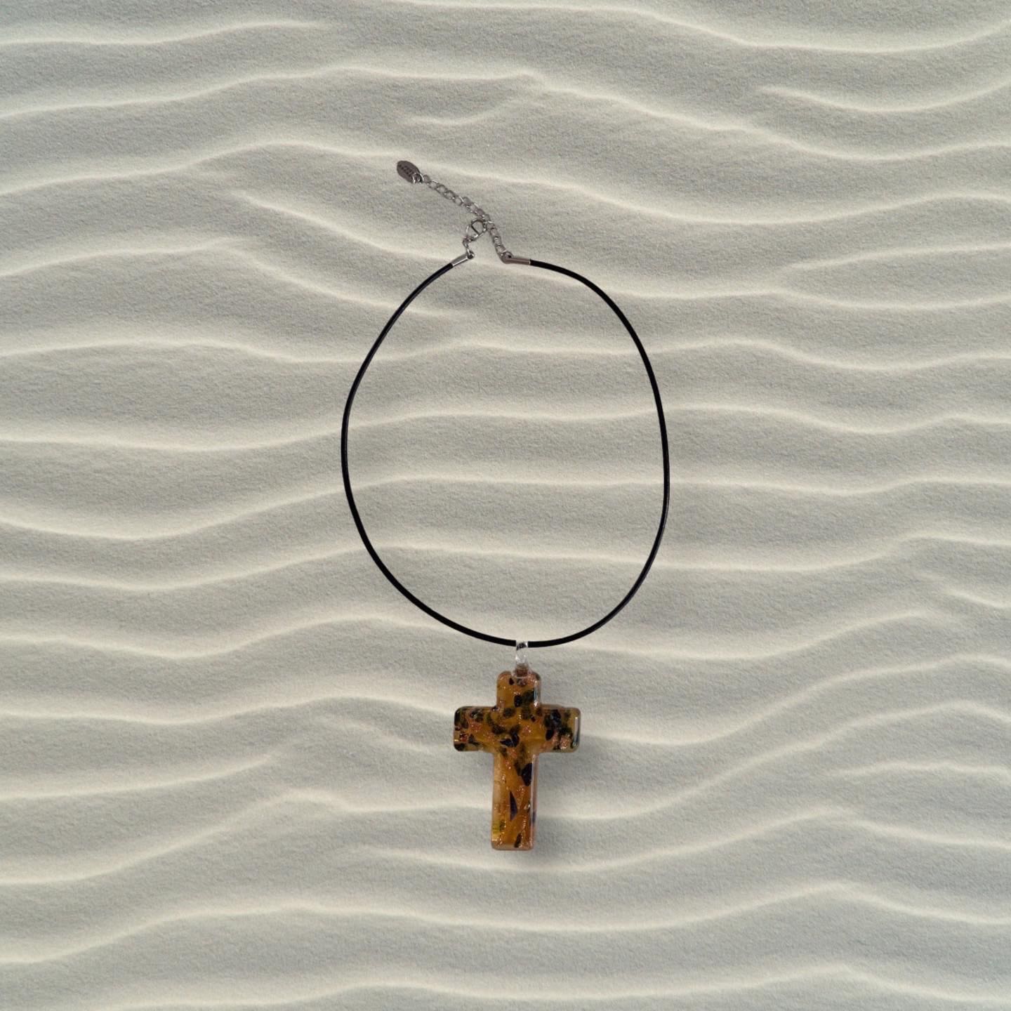 Cross leather cord choker