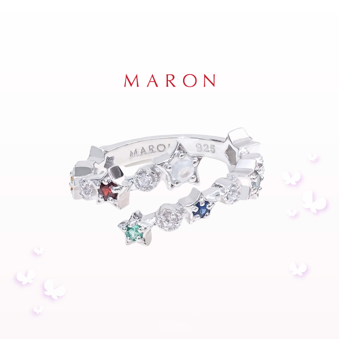 MARON - 9 Lucky Stars Cross Ring ชุบสี White Gold แหวนดาวนพเก้า เสริมดวง เงินแท้925
