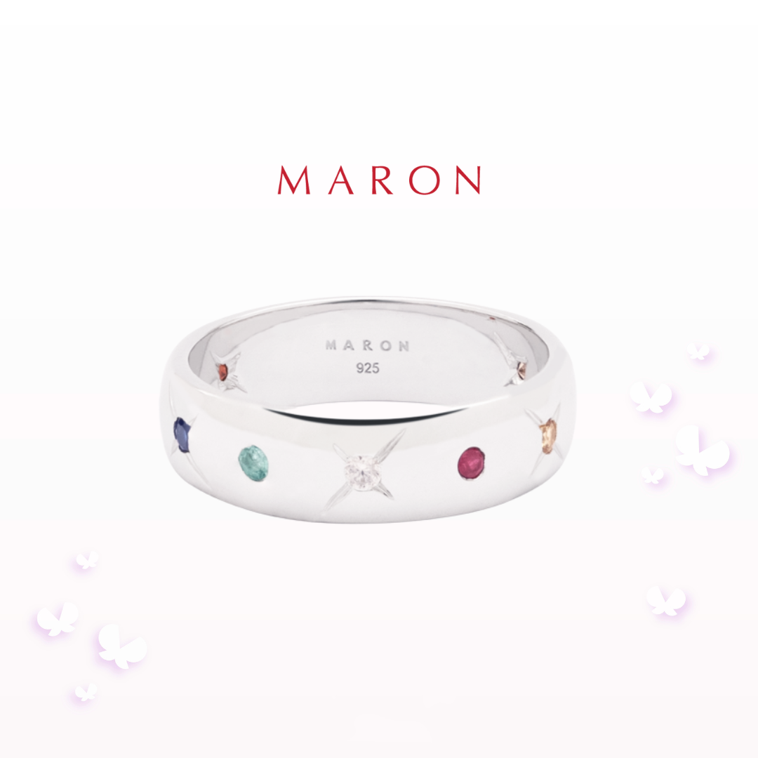 MARON - Nine Lucky Stars Band 6mm Ring ชุบ White Gold แหวนดาวนพเก้า เสริมดวง เงินแท้925