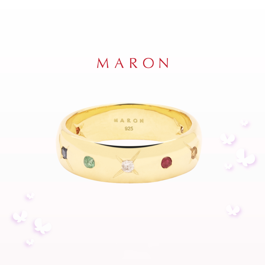 MARON - Nine Lucky Stars Band 6mm Ring ชุบ 14K Gold แหวนดาวนพเก้า เสริมดวง เงินแท้925