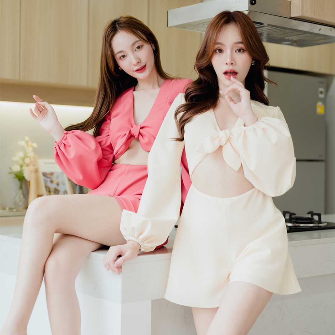 Lism J-030 จั๊มสูทขาสั้นผูกโบว์น่ารักๆ