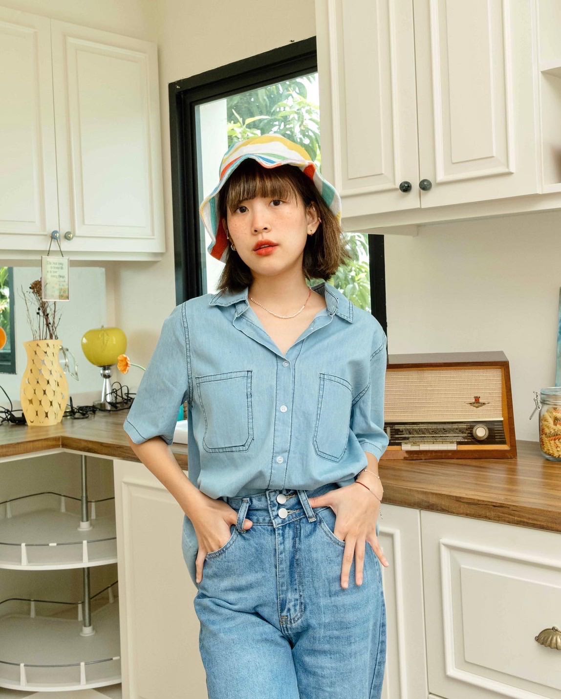 chuuchop_พร้อมส่ง(C7924)🫧🧸🤹🏼‍♀️Space denim shirt เสื้อเชิ้ตยีนส์แขนสั้น