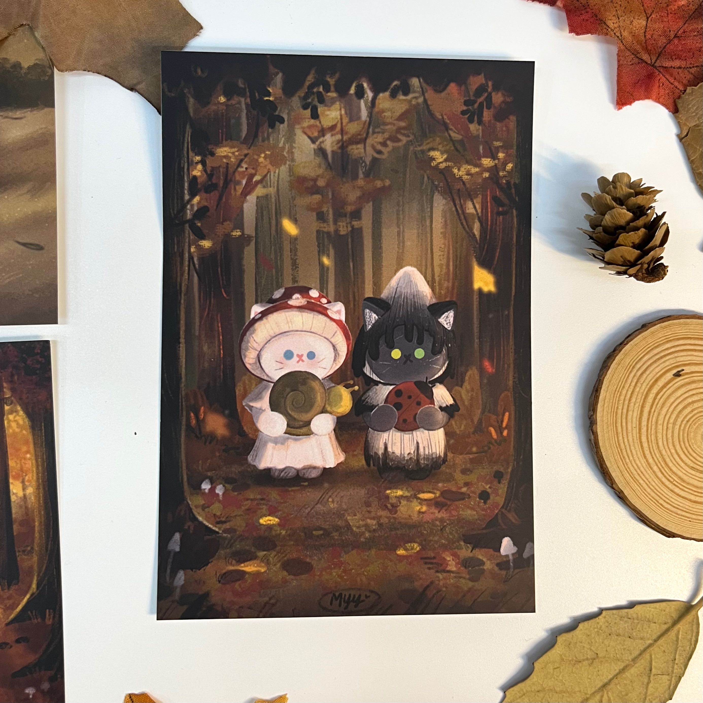 postcard 4x6 inch twin mushroom meow