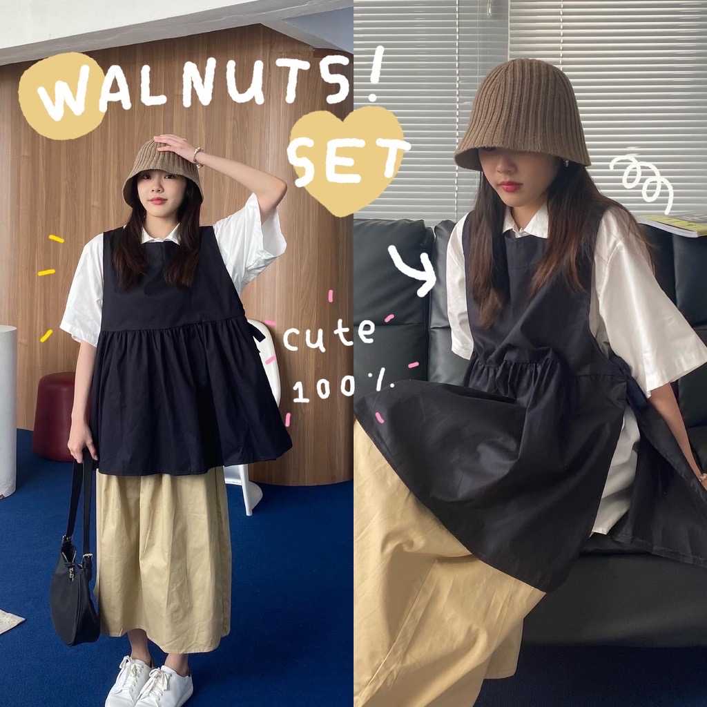 chuuchop_พร้อมส่งทั้งชุด🌰🐿🍂 Walnuts set เสื้อกั๊กสีกรม & เสื้อเชิ้ตสีขาว & กระโปรงสีกากี