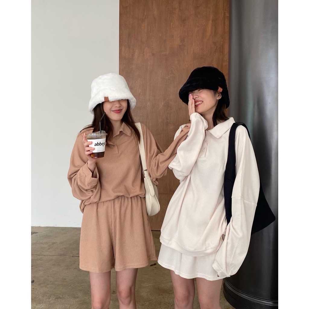 chuuchop_พร้อมส่ง(C7740) 🧇🍯 HONEY WAFFLE polo set ชุดเซ็ต เสื้อโปโลแขนยาวและกางเกงขาสั้น มี3สี