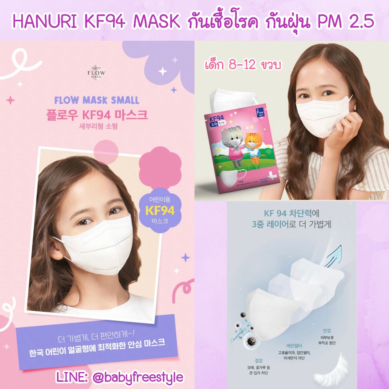 HANURI MASK KF94 รุ่นเด็กโต 8-12 ขวบ กันไวรัสและกันฝุ่น PM2.5 แพ็ค 10 ชิ้น