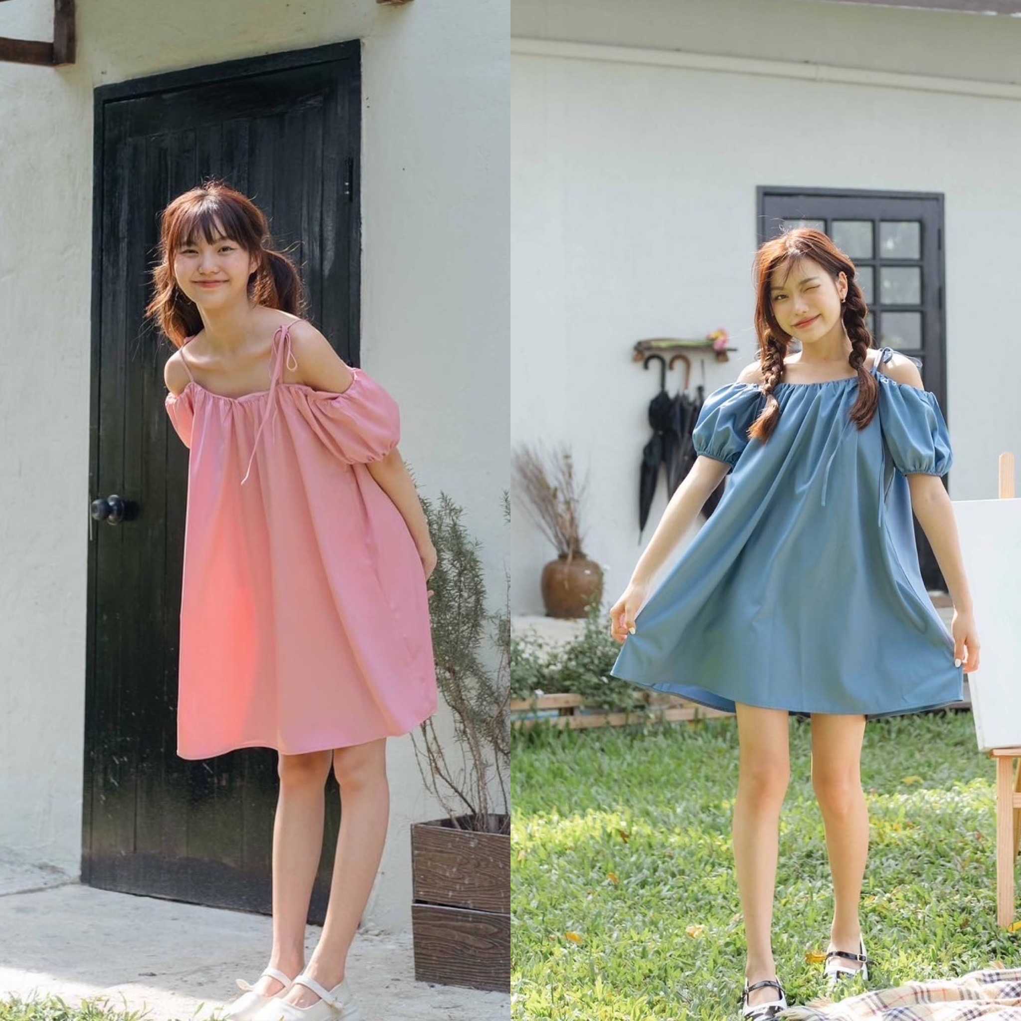 chuuchop_พร้อมส่ง(C7840)✨🥣🌷Sweet candy dress ชุดเดรสสั้นเว้าไหล่ แต่งผูกโบว์ไหล่ มี2สี