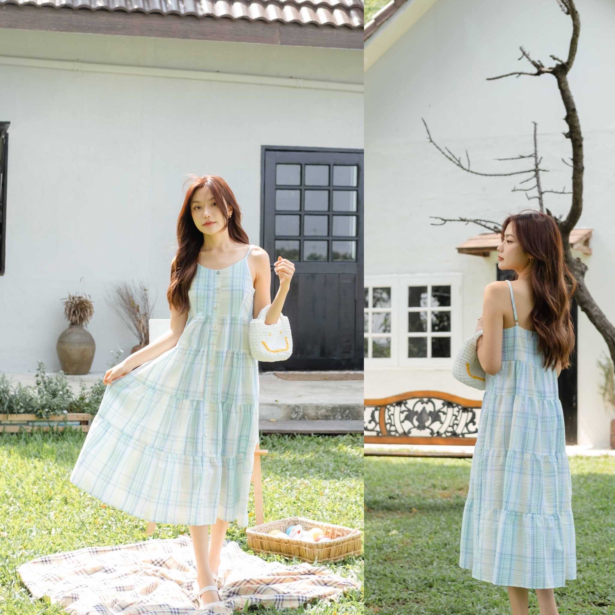 CHUUCHOP_พร้อมส่ง(C7056)🌷°🦋 ‧₊ BETTY COTTON dress เดรสยาวสายเดี่ยวสีเขียวเหลือง