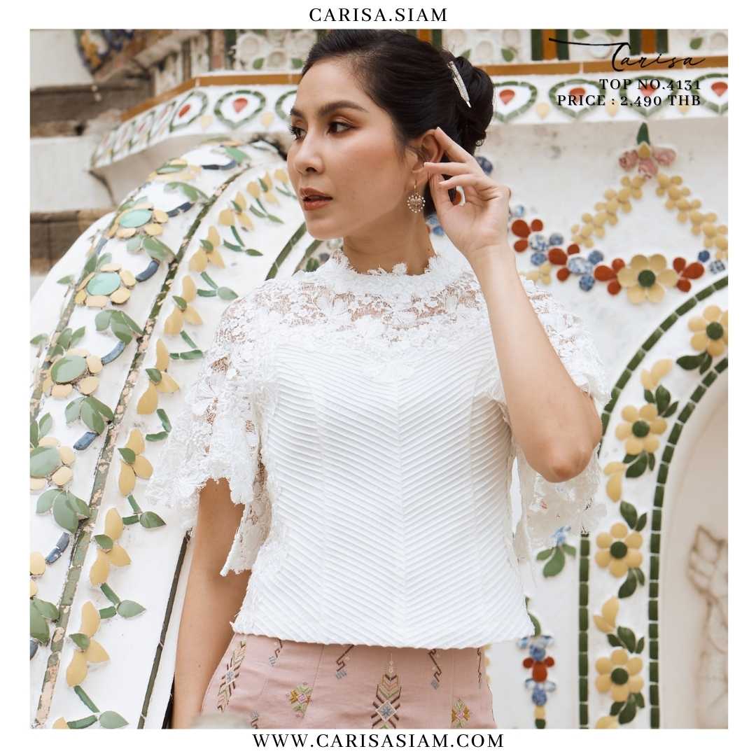 เสื้อลูกไม้ลายสวย ตกแต่งช่วงลำตัวด้วยผ้าไหมแพรทิพย์ใช้เทคนิค ตีเกล็ดให้เป็นลายดูสวยงาม [4131]