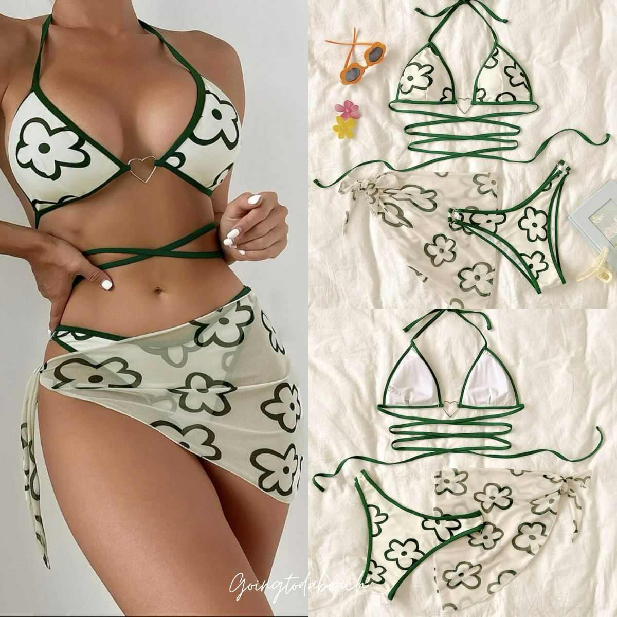 ʙɪᴋɪɴɪ sᴇᴛ • SET 3 ชิ้น Bikini สายพันเอว มาพร้อมกางเกงและผ้าพันเอว ลายดอกมินิมอล แต่งห่วงหัวใจ
