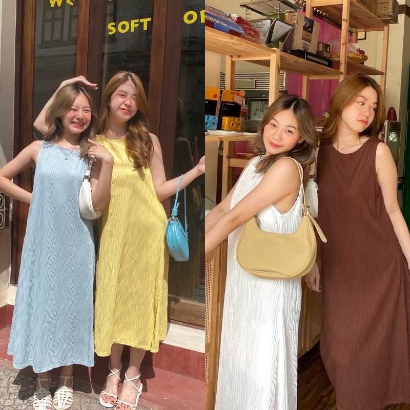 chuuchop_พร้อมส่ง(C7888)🍎🧼🛝Erica dress ชุดเดรสยาวแขนกุด ลายผ้านูน มี4สี