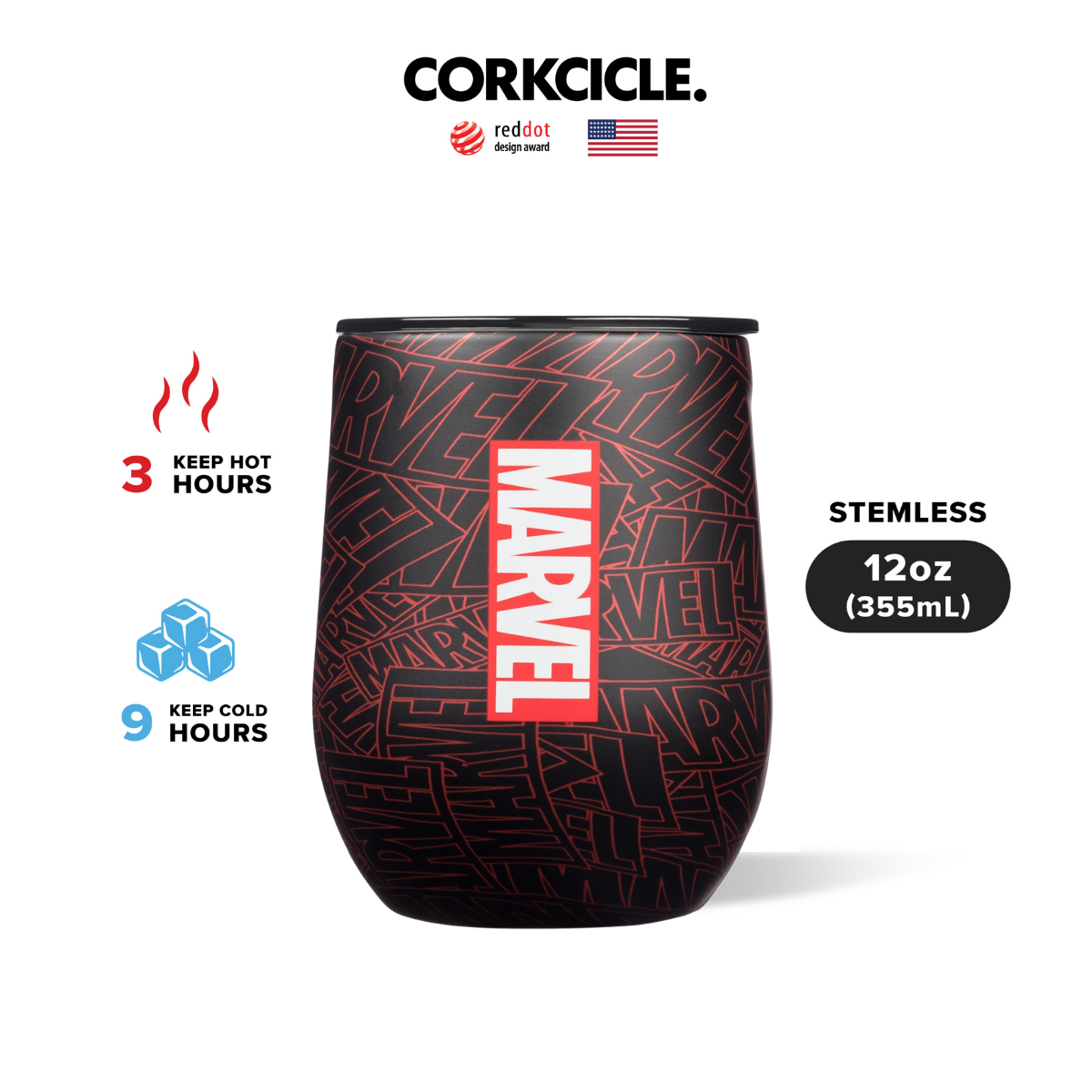 CORKCICLE : STEMLESS MARVEL - MARVEL LOGO 12OZ