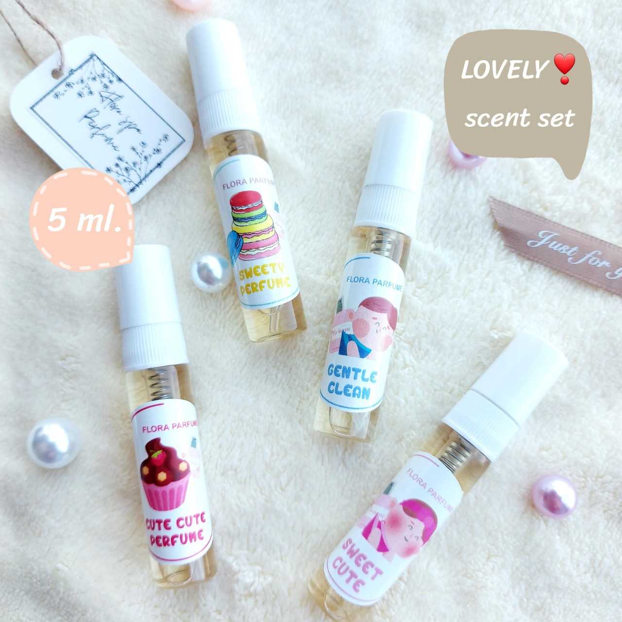 น้ำหอมกลิ่นน่ารัก น้ำหอมกลิ่นขนม น้ำหอมกลิ่นแป้งเด็ก ขนาดพกพา5ml. 4กลิ่น เซ็ททดลองความหอมหวานน่ารัก