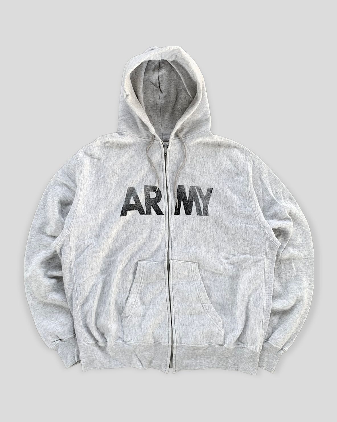 ARMY FADED ASH GREY ZIP-UP HOODIE  - 1990S
