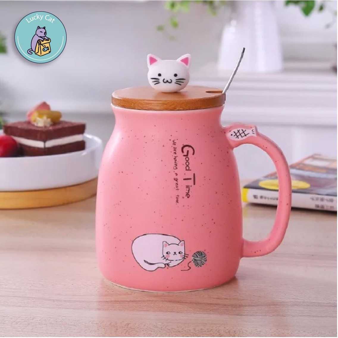 แก้วน้องแมวเซรามิค ชมพู 450 ml