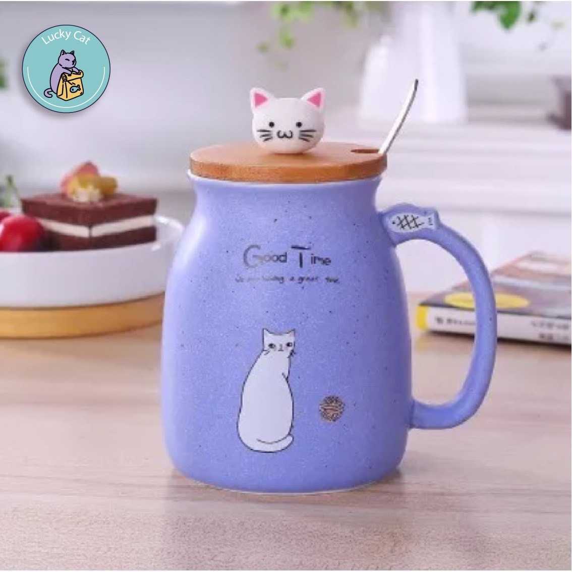 แก้วน้องแมวเซรามิคสีม่วง 450 ml