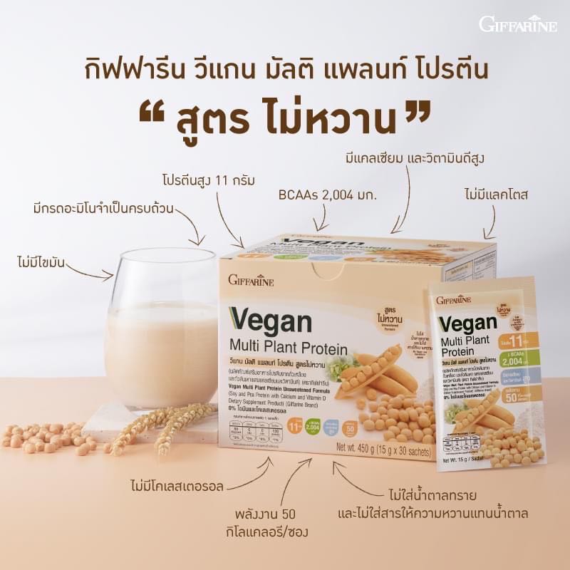 กิฟฟารีน วีแกน มัลติ แพลนท์ โปรตีน สูตรไม่หวาน โปรตีนสูง 11 กรัม
