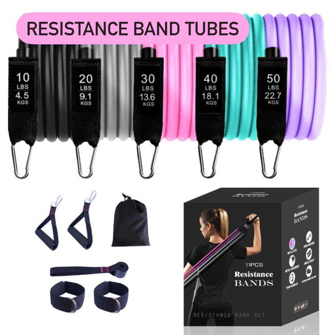 Resistance Band Tubes ll เหมาะกับมือใหม่ ใช้งานง่าย ยางยืดออกกำลังกายแบบมีหูจับ 1 เซตได้ 5 เส้น