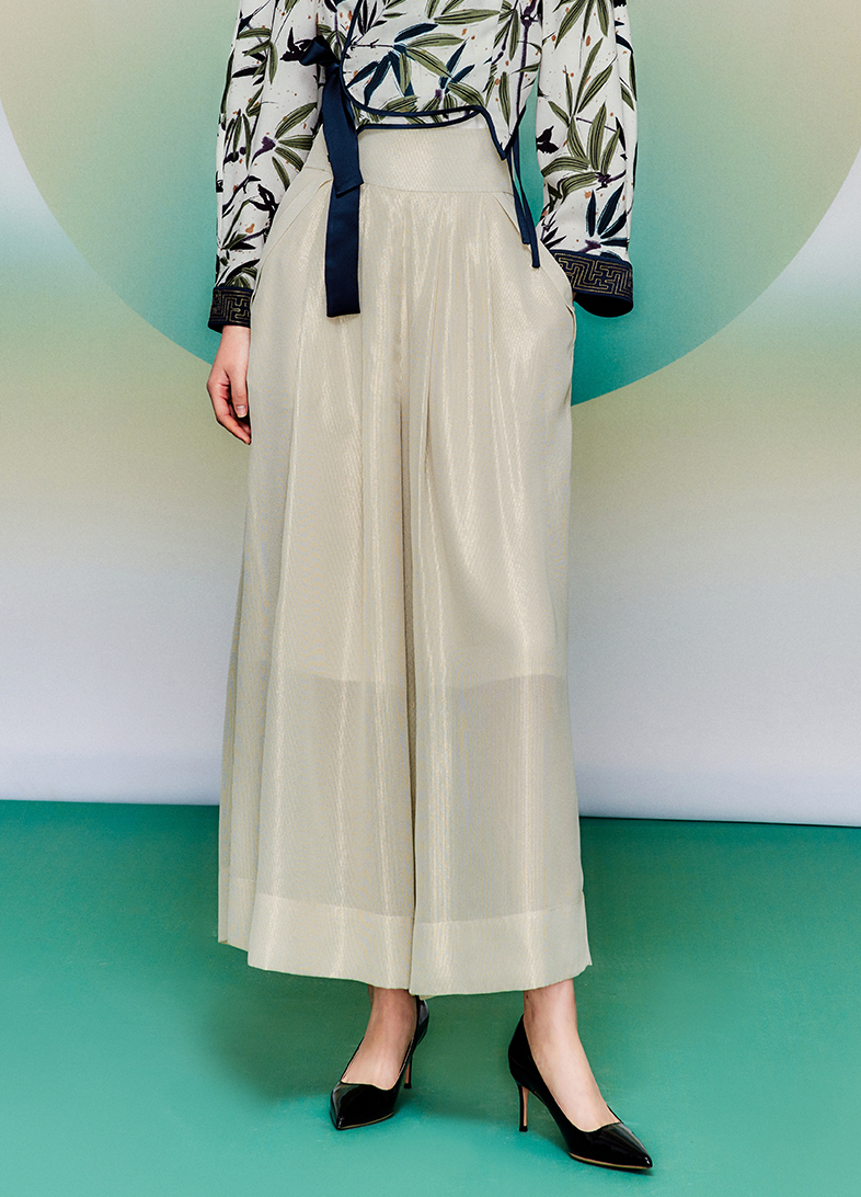 Huamu deep triacetic acid Chinese style bamboo leaf print top women's improved Hanfu slanted pants