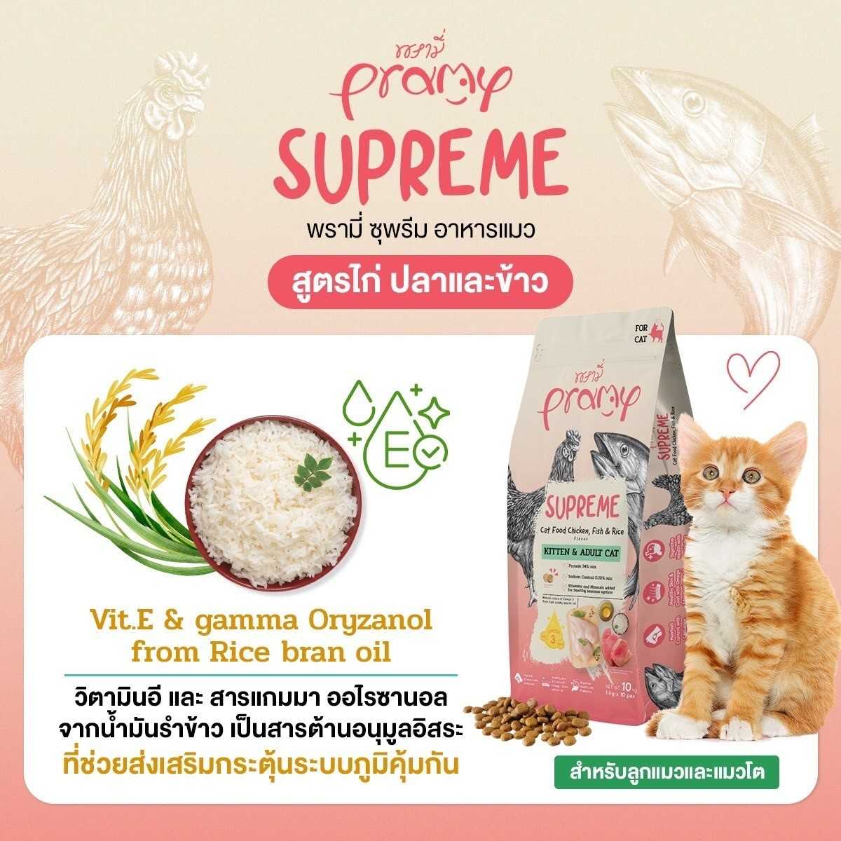 ใหม่ Pramy Supreme อาหารแมว ชนิดเม็ด สำหรับลูกแมวและแมวโต ขนาด 1 kg