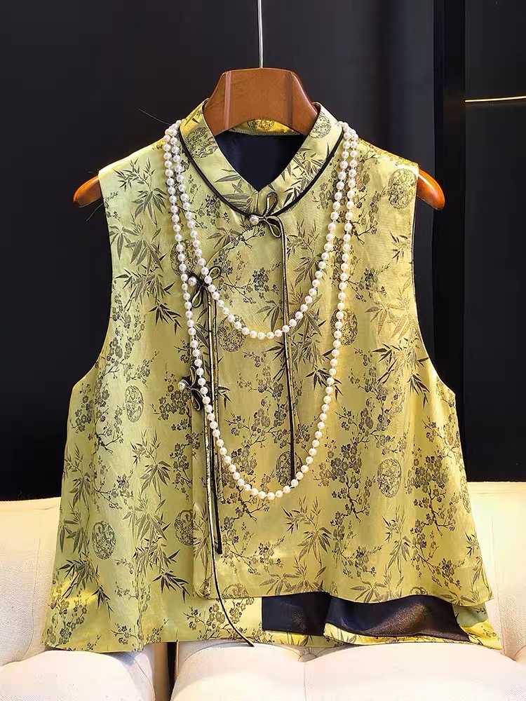 National style silk jacquard vest vest female design sense niche retro improved cheongsam Tang top