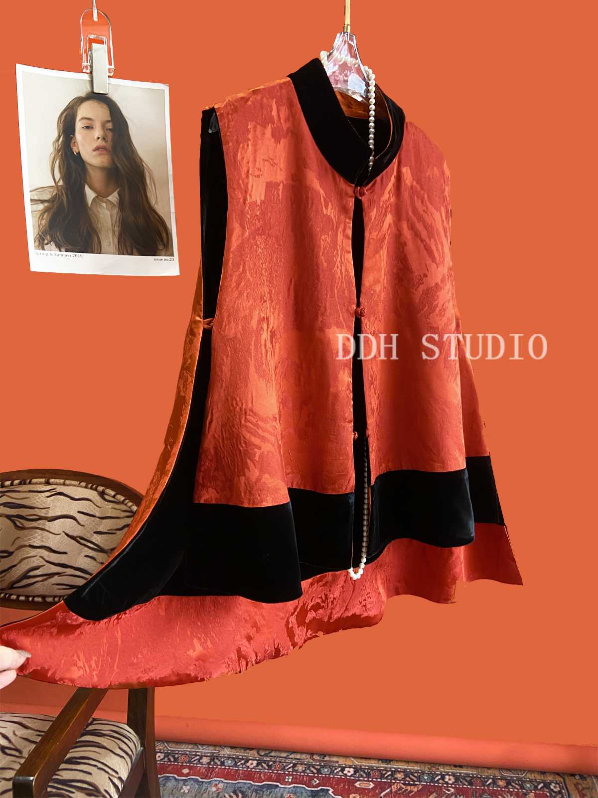 Original Gao luxury jue beauty folded velvet and silk printed vest new school national vest top