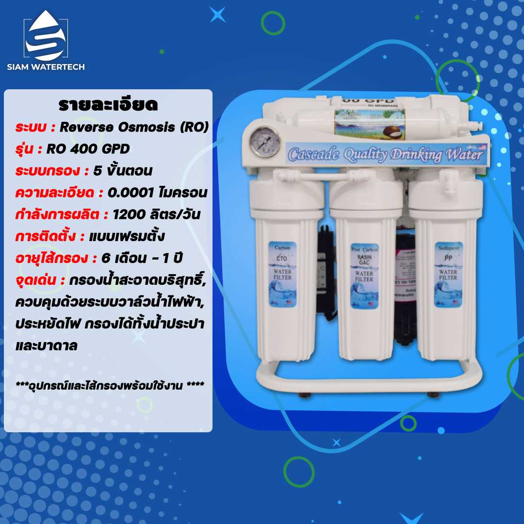 เครื่องกรองน้ำ RO ขนาด 400GPD เฟรมตั้ง ยี่ห้อ Cascade