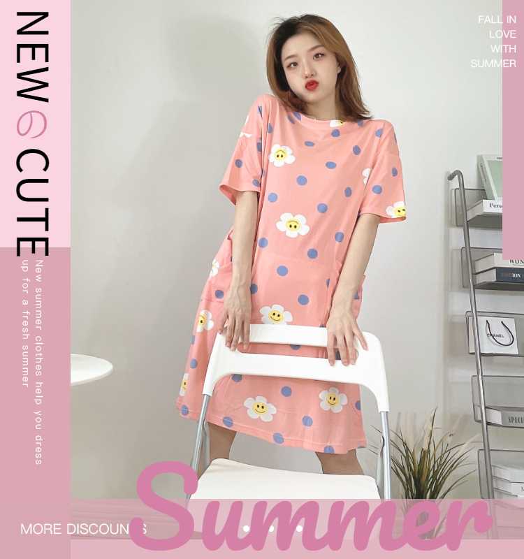 XL&LH ชุดนอนเดรส ชุดนอนกระโปรงแต่งลายการ์ตูน น่ารัก ผ้ายืด เนื้อนิ่มเด้ง ใส่สบาย