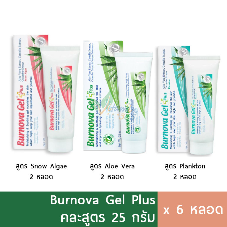 (6หลอด คละ3สูตร) Burnova Gel Plus  เจลว่านหางจระเข้ 25g