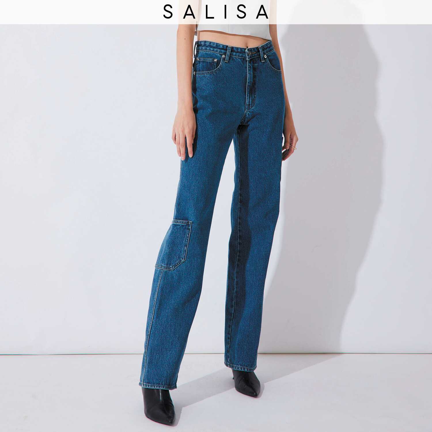 JEANS Mid-Rise Pocket Mid-Blue (เอวใต้สะดือ)