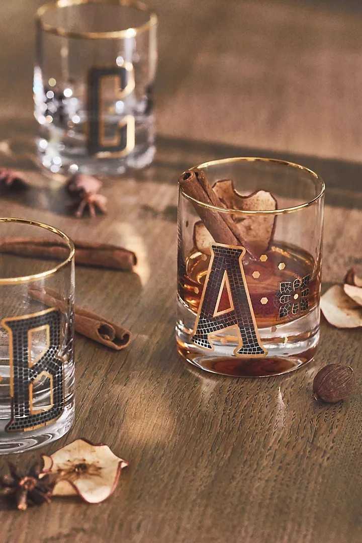 (Pre-order) Bistro Tile Monogram Old Fashioned Glass // แก้วตัวอักษรขอบทอง