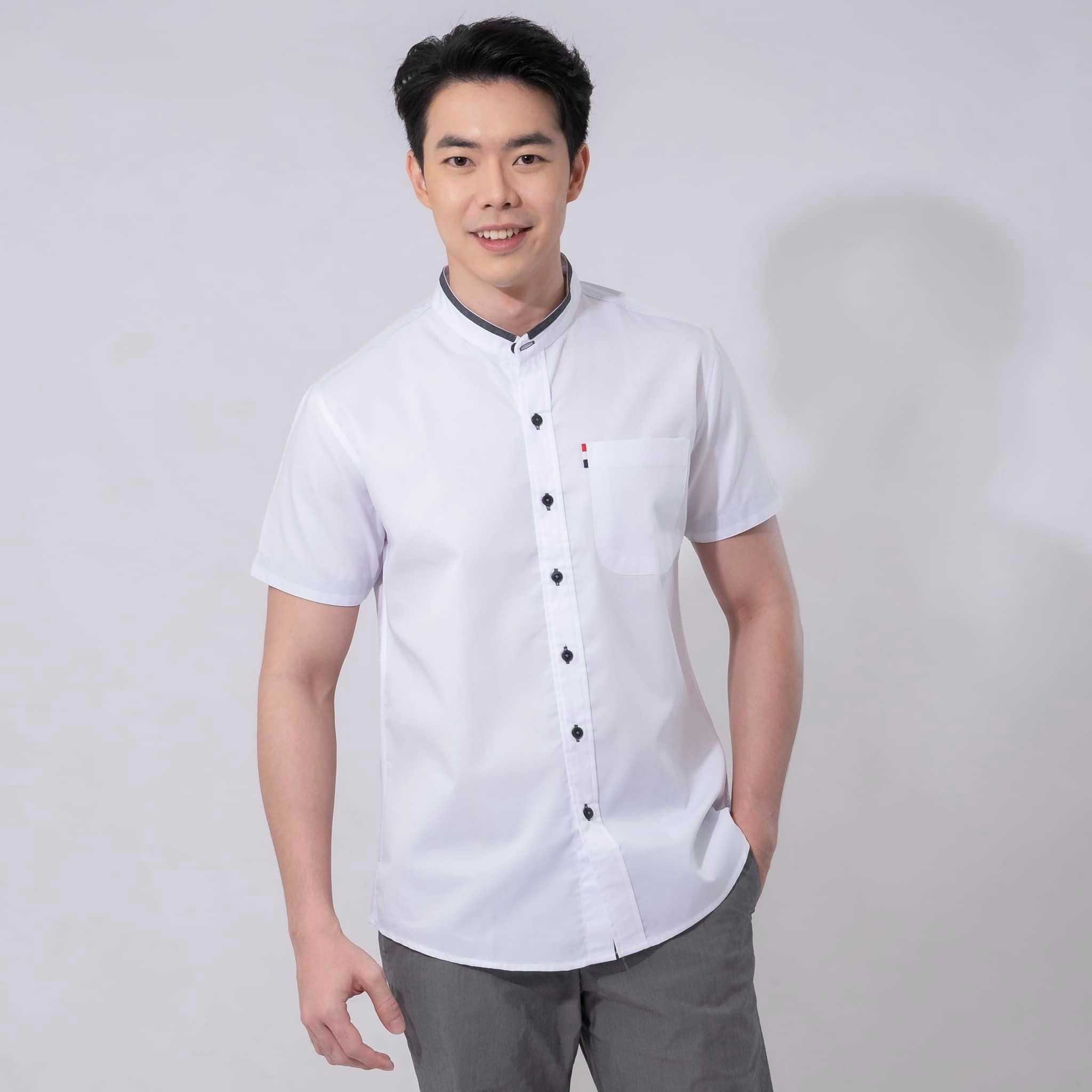 เสื้อเชิ้ตคอจีนสีพื้นแขนสั้น (สีขาว)