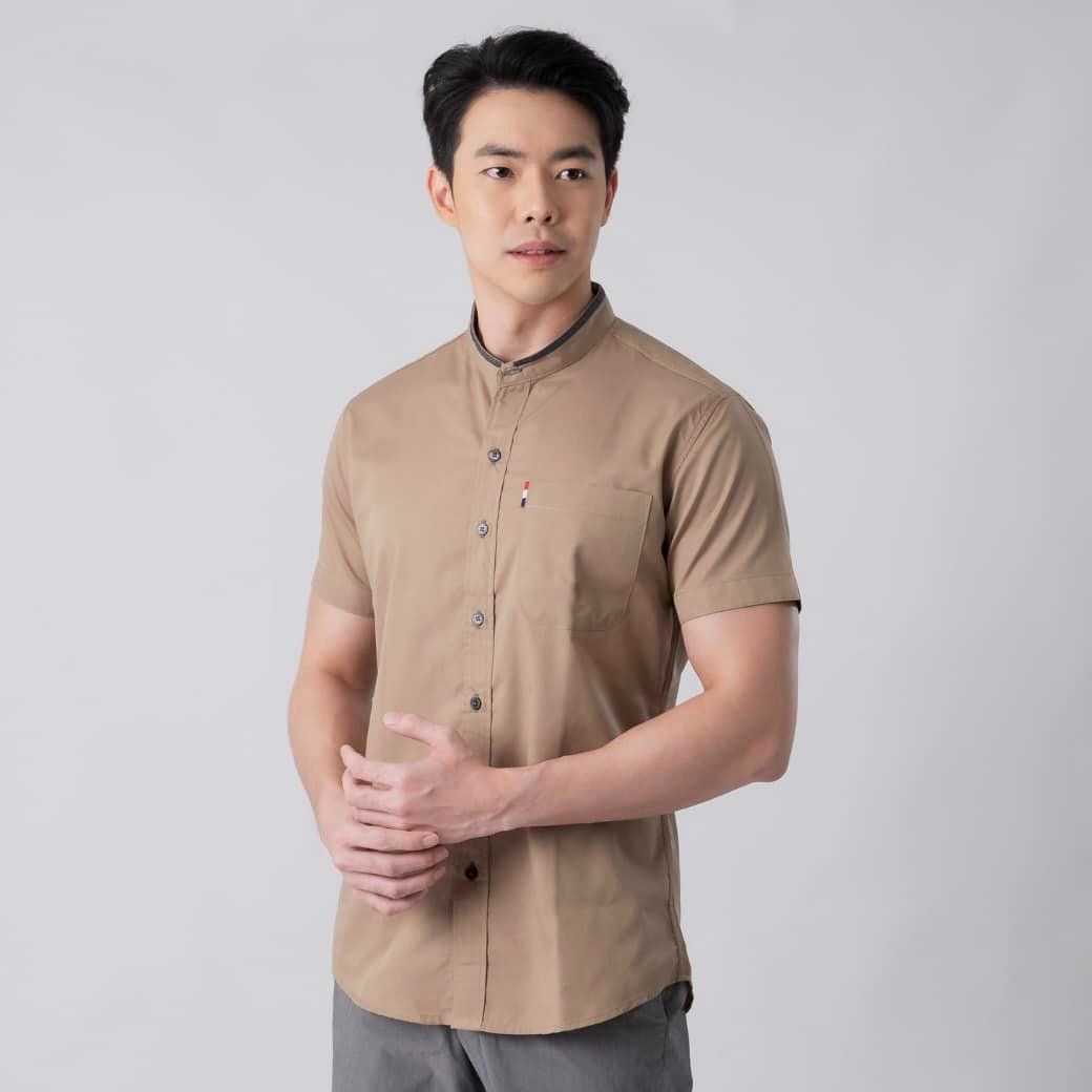 เสื้อเชิ้ตคอจีนสีพื้นแขนสั้น (สีน้ำตาล)