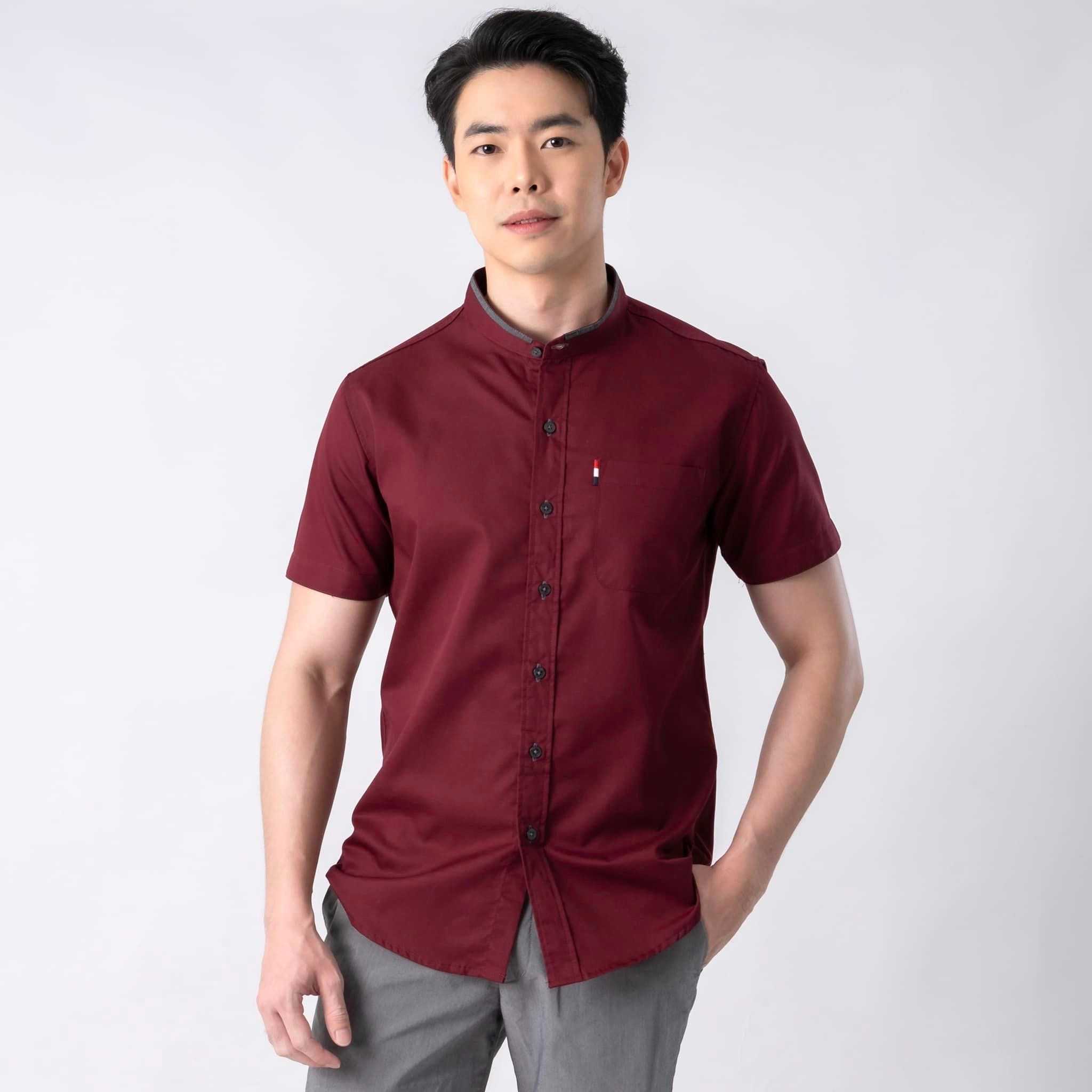 เสื้อเชิ้ตคอจีนสีพื้นแขนสั้น (สีแดงเลือดหมู)