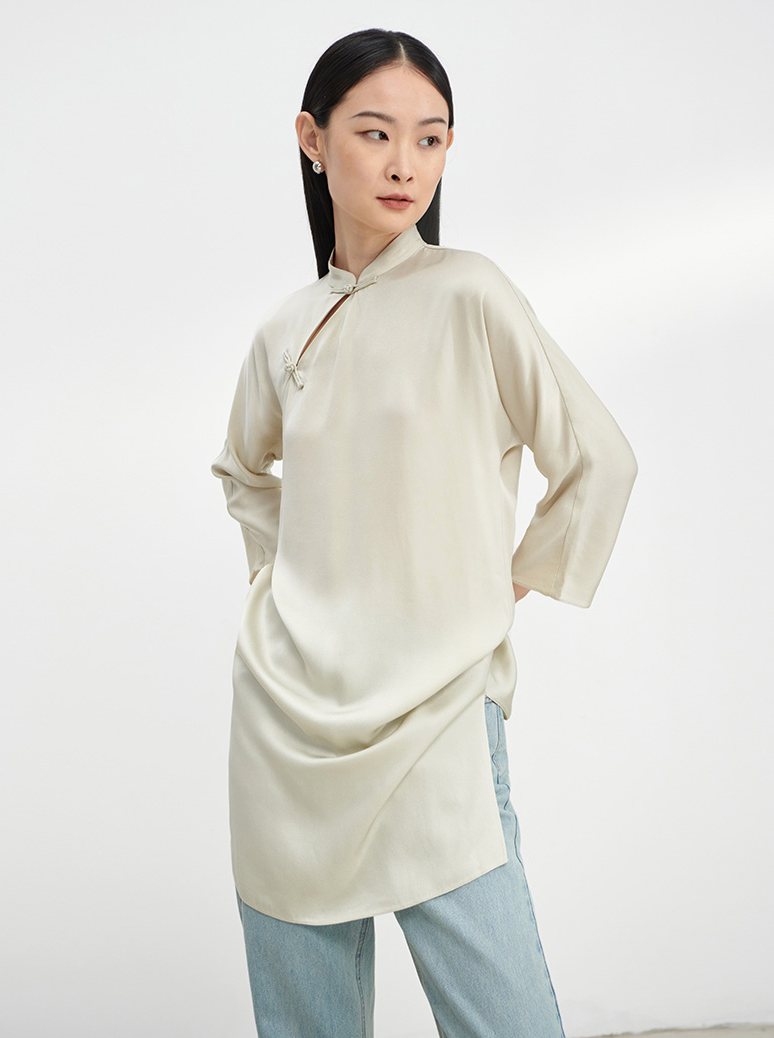 W.Amber slanted placket buckle improved cheongsam 2022 new Chinese style three-quarter sleeve dress