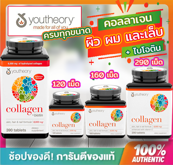 🔥ของแท้ มีใบนำเข้าอเมริกา🔥YOUTHEORY Collagen biotin,ขนาด 120 ,160,290 - 390 เม็ด