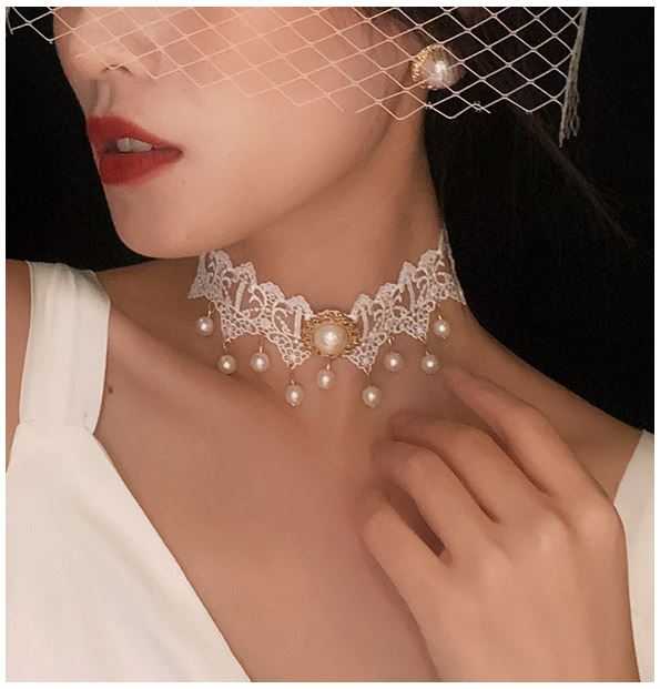 สร้อยคอ โชคเกอร์ White Choker สร้อยสไตล์วิคตอเรีย คอสเพลย์ สร้อยโชคเกอร์ สร้อยผ้าลูกไม้สีขาว