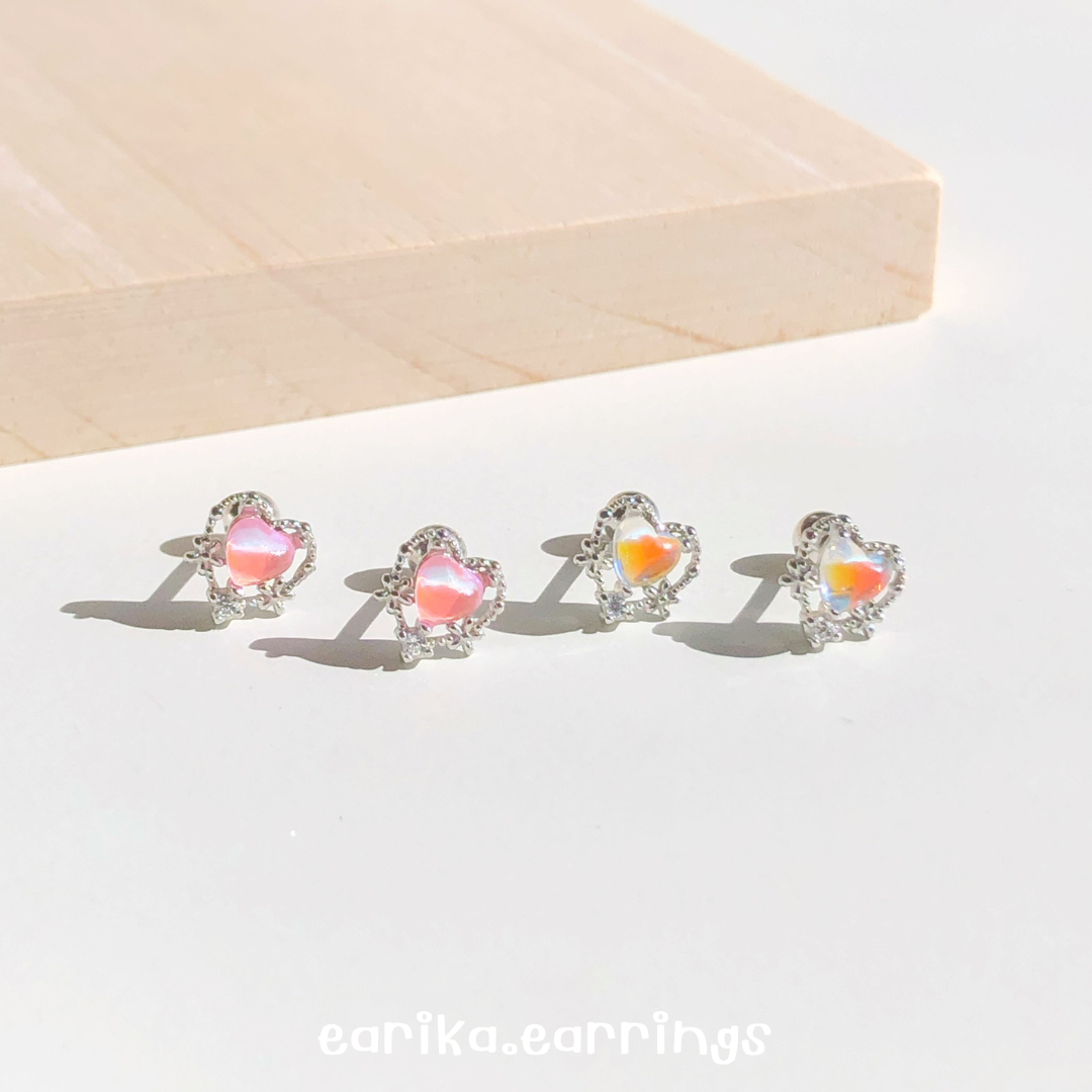 earika.earrings - hologram coral heart piercing จิวหูเงินแท้หัวใจ (ราคาต่อชิ้น) เหมาะสำหรับคนแพ้ง่าย