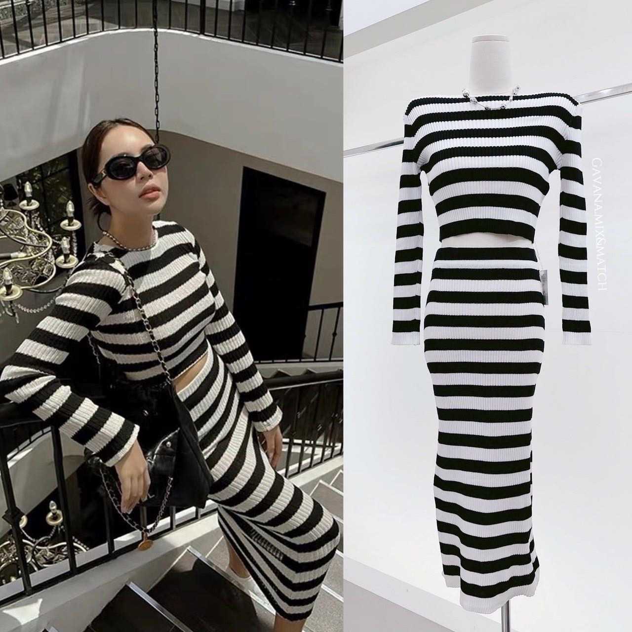 เซทเสื้อไหมพรม พร้อมกระโปรง ลายขาวดำ Stripe black white