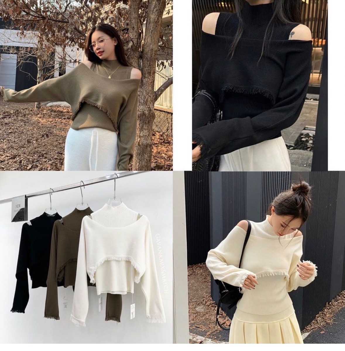 เสื้อไหมพรมแขนกุด+เสื้อแขนยาวปาดไหล่ทรงcrop