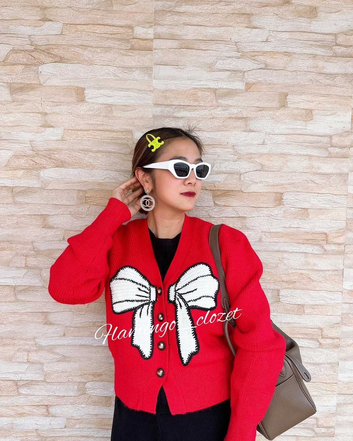 คาดิแกนไหมพรมโบว์ สีแดง RED Bow knit cadigan