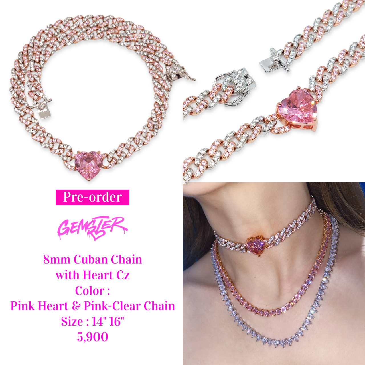[Pre-order 30+ days] 8mm Cuban Chain with Heart Cz Necklace (Pink Heart:Pink-Clear Chain)