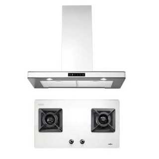MEX V8772CW+K535W90 เตาแก๊สฐานกระจกสีขาวและเครื่องดูดควันสีขาวระบบสัมผัส