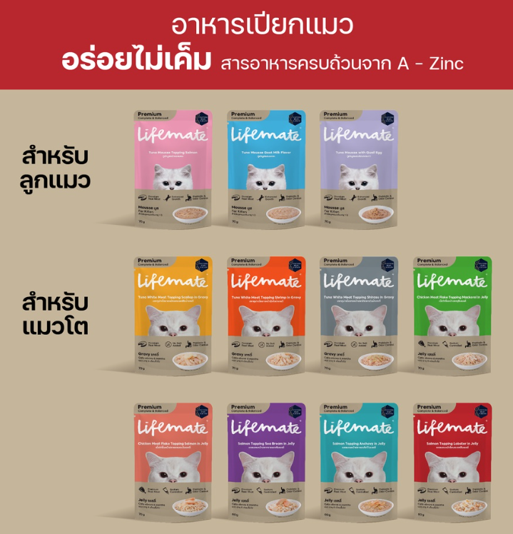 Lifemate Premium Complete & Balanced Wet Cat Food ไลฟ์เมต อาหารเปียกแมว 70gx12 [12 ซอง]