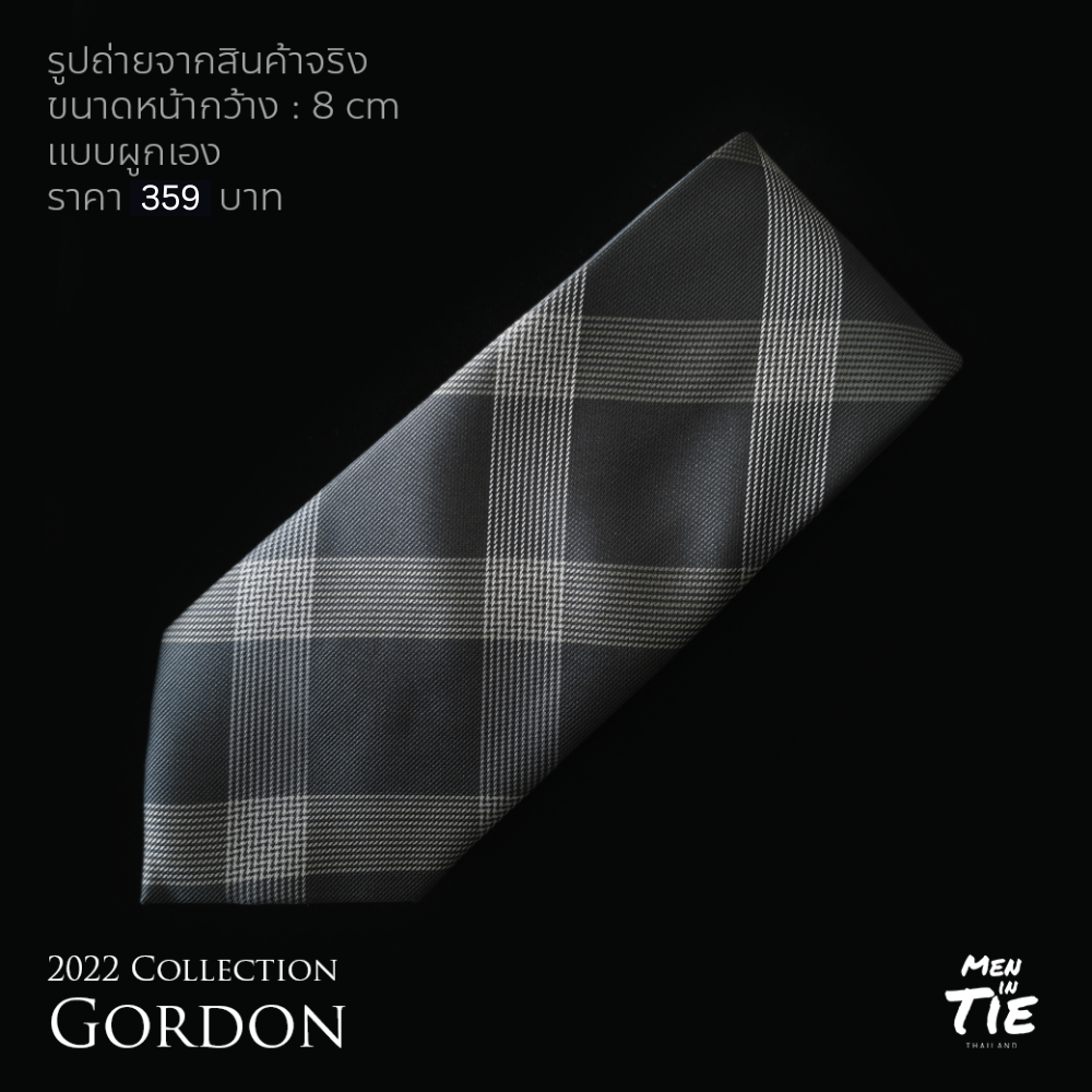 Gordon เนคไทแบบผูกเองลายสก็อตสีดำ หน้ากว้าง 8 cm